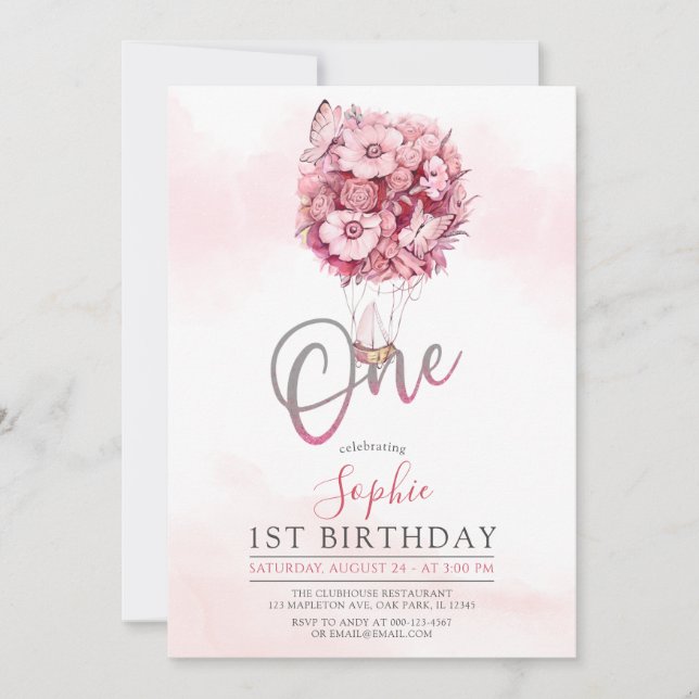 Balloon Butterfly Pink First Birthday Party Girl Invitation (Front)