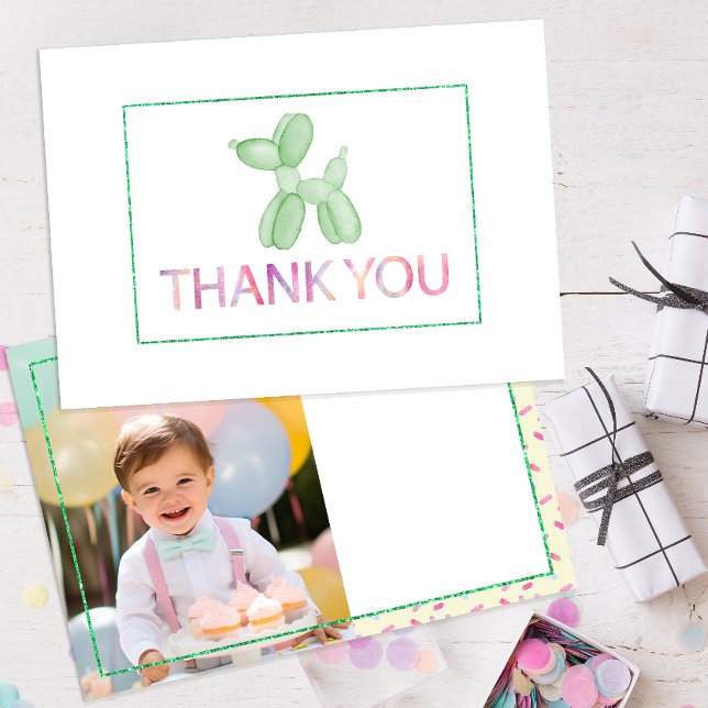 Balloon Dog Green Thank You Card (gender neutral photo birthday party thank you card )