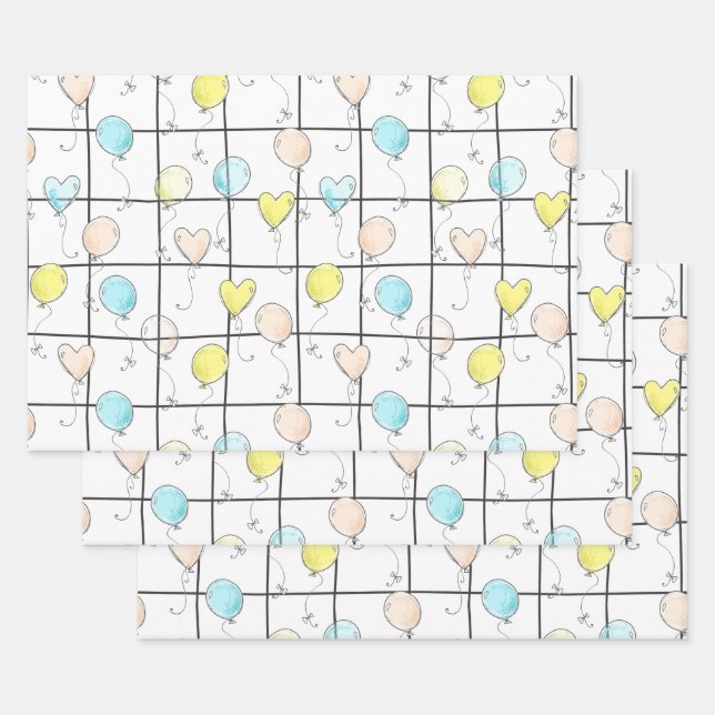 Balloon doodle gender neutral baby shower wrapping paper sheet (Set)