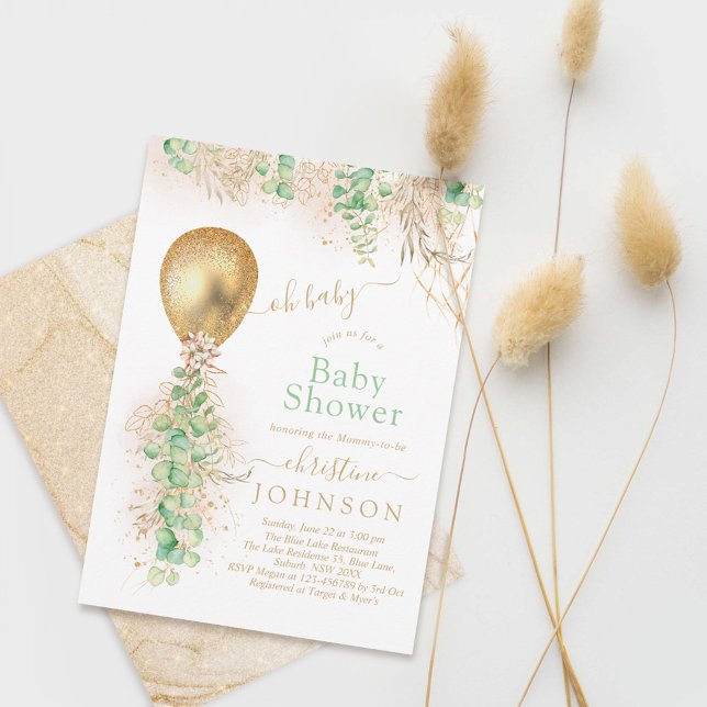 Balloon Eucalyptus Gold Glitter Baby Shower Invitation (Creator Uploaded)