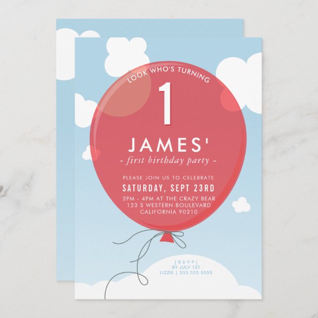 BALLOON first birthday party invite blue sky red (Front/Back)