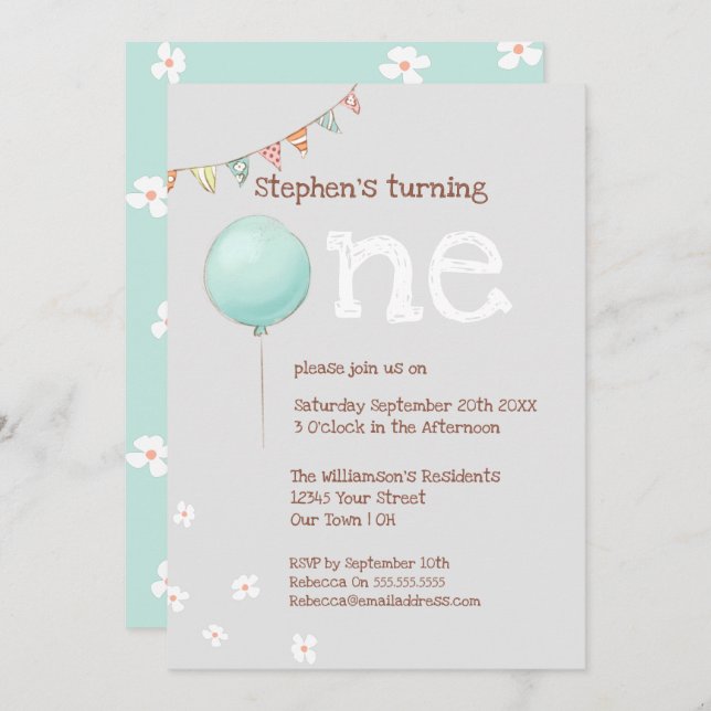 Balloon & Flags 1st Birthday  Invitation (Front/Back)