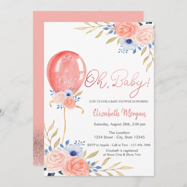Balloon Floral Baby Shower Invitation (Front/Back)