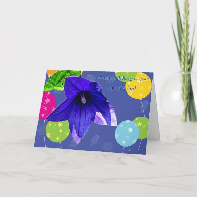 Balloon Flower New Baby Boy Congratulations Card (Front)