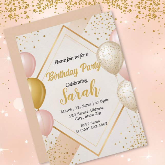 balloon gold and blush floral birthday  invitation (Creator Uploaded)