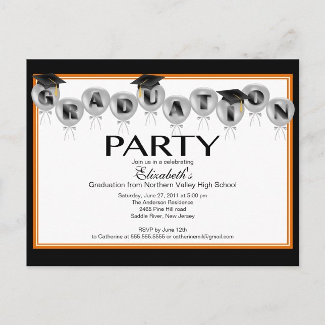 Balloon Graduation Party Invitation Black Grad Cap (Front)