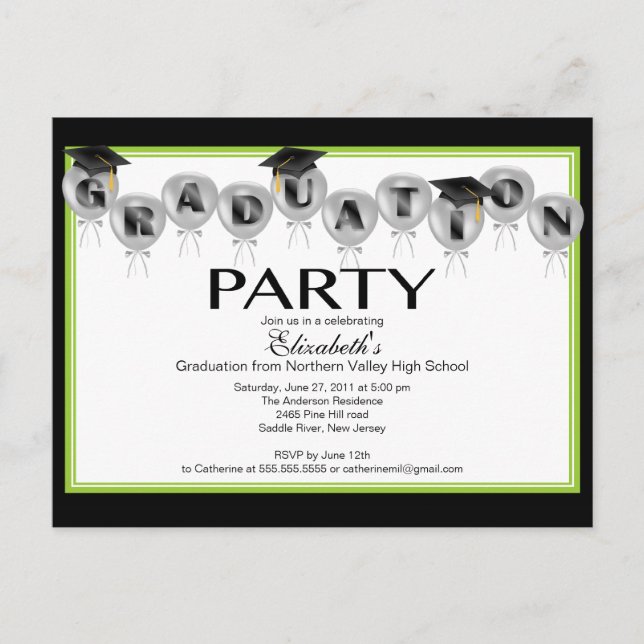 Balloon Graduation Party Invitation Black Grad Cap Postcard (Front)