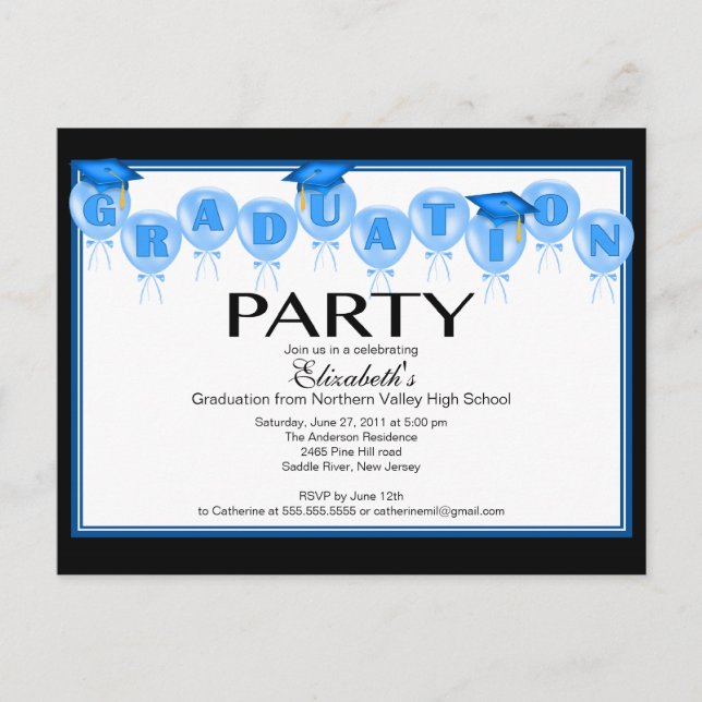 Balloon Graduation Party Invitation Blue Grad Cap (Front)