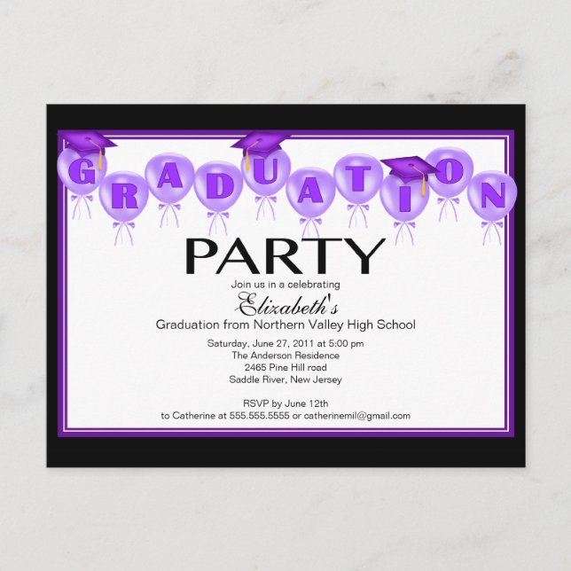 Balloon Graduation Party Invitation Purple Cap Postcard (Front)