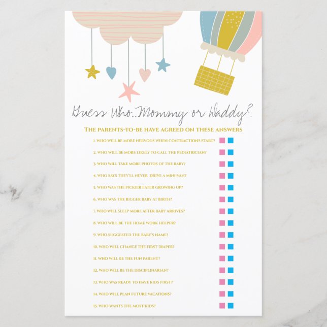 Balloon Guess Who, Mummy or Daddy Baby Shower Game (Front)