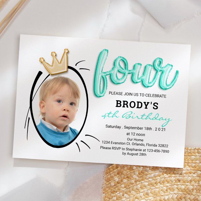 Balloon Letters | Modern Four Years Old Boys Photo Invitation (Creator Uploaded)