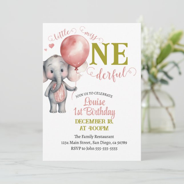 Balloon Little Miss Onederful Girl 1st Birthday Invitation (Standing Front)