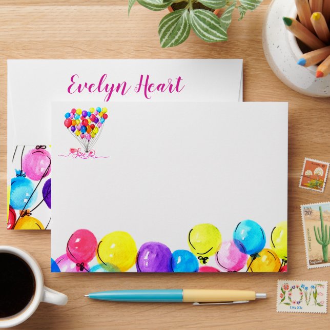BALLOON LOVE Girly Birthday Pink Red Calligraphy Envelope (Desk)
