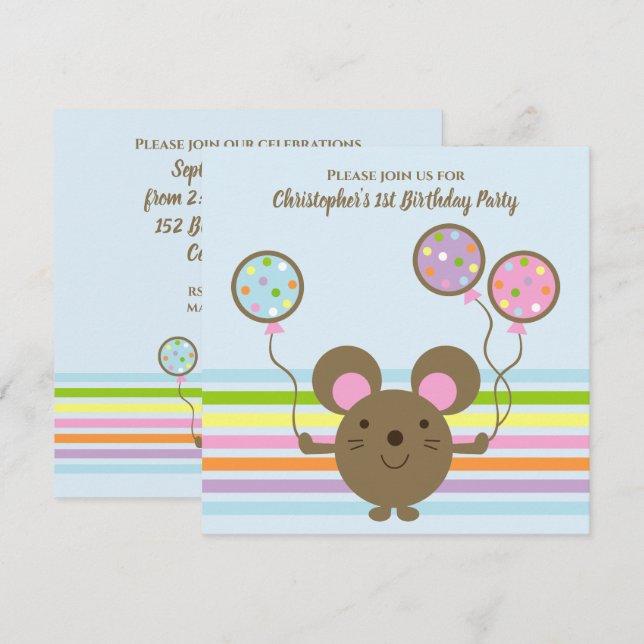 Balloon Mouse Blue 1st Birthday Party Invitation (Front/Back)