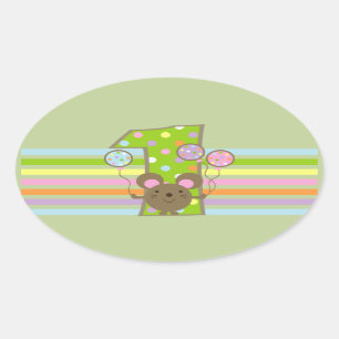 Balloon Mouse Green 1st Birthday Oval Stickers