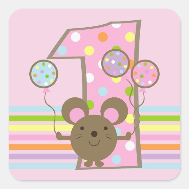 Balloon Mouse on Pink 1st Birthday Square Stickers (Front)