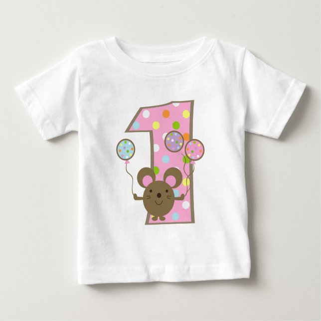 Balloon Mouse Pink 1st Birthday T-Shirt (Front)