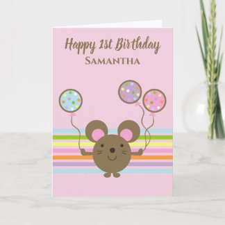Balloon Mouse Pink Happy 1st Birthday Card