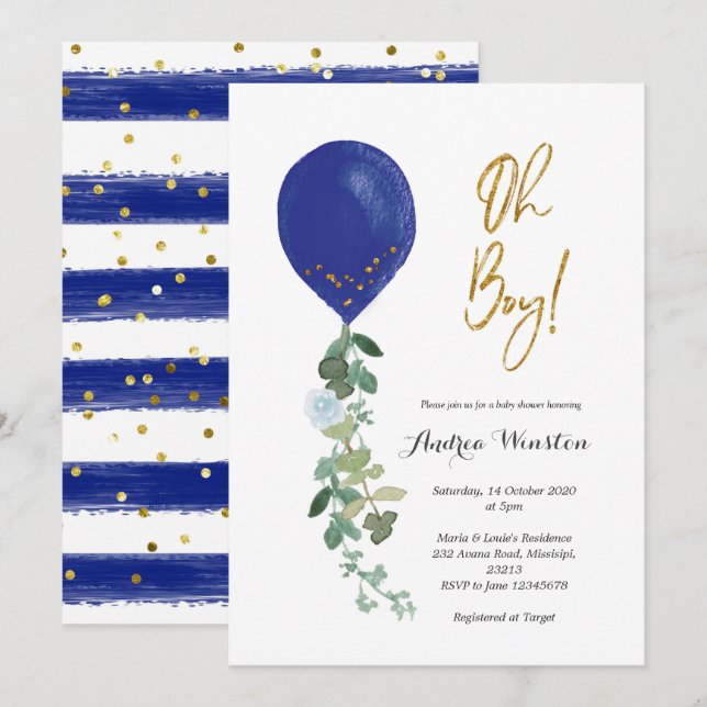 Balloon Oh Boy Baby Shower Invitation (Front/Back)