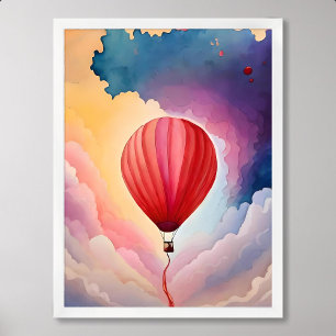 balloon painting hot air colourful cloud watercolo poster