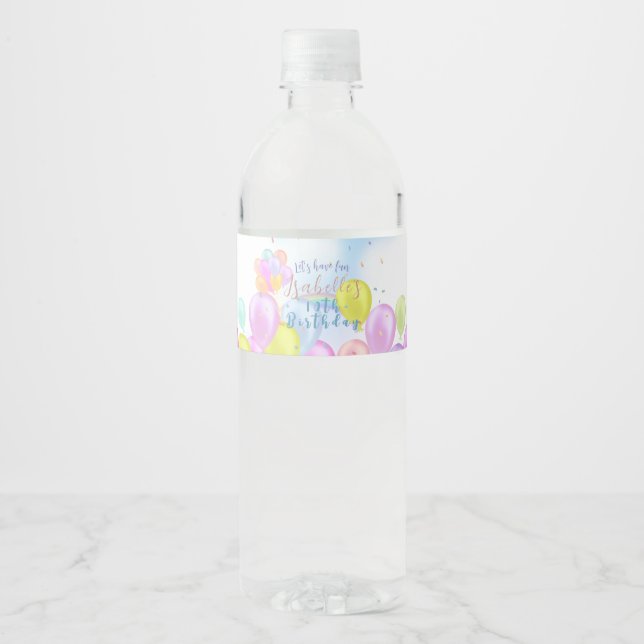 Balloon Pastel Birthday  Water Bottle Label (Front)
