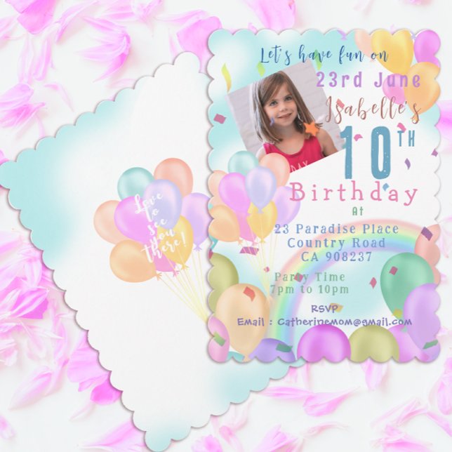 Balloon Pastel Photo Birthday Invitation (Sweet Balloons and rainbow single photo birthday invitation card.)