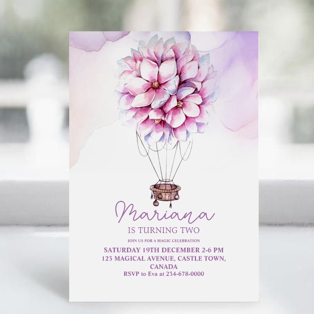  Balloon Pink Flowers 2nd Girls Birthday Party Invitation (Creator Uploaded)