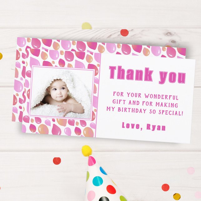 Balloon Pink Girl Kid's Photo Birthday  Thank You Card (Creator Uploaded)
