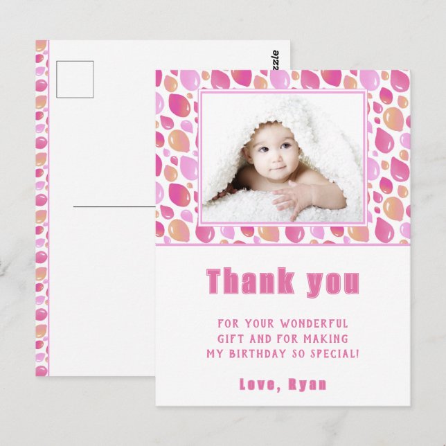 Balloon Pink Girl Kid's Photo Birthday Thank You  Postcard (Front/Back)