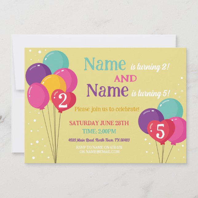 Balloon Shared Birthday Party Confetti Boy Girls Invitation (Front)