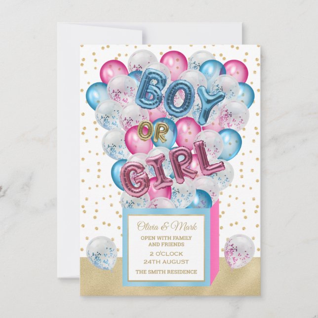 Balloon surprise box gender reveal invitation (Front)