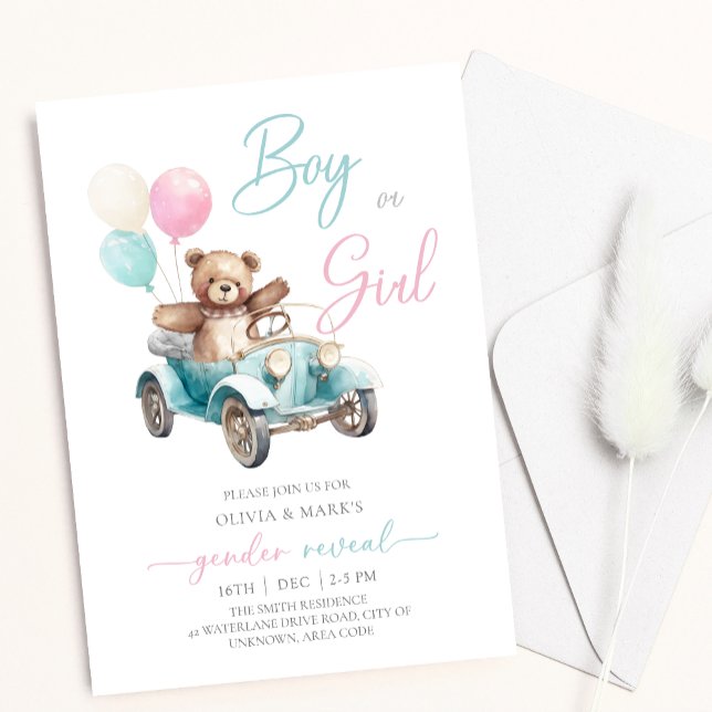 Balloon Teddy Bear Car Gender Reveal Invitation (Creator Uploaded)