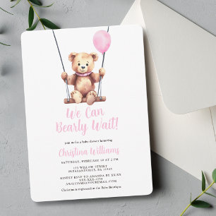 Balloon Teddy Bear Pink Girl Baby Shower Invitation