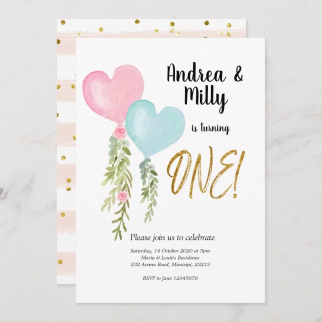 Balloon Twin Boy and Girl Birthday Invitation (Front/Back)