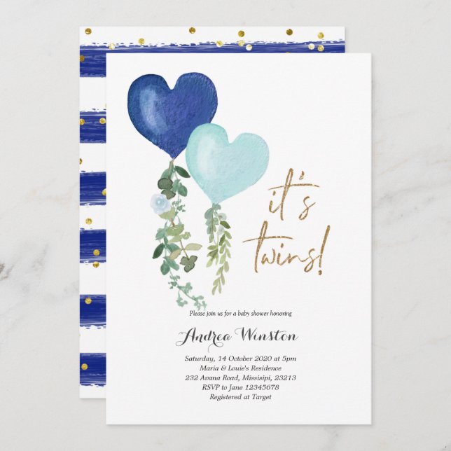 Balloon Twin Boy Baby Shower Invitation (Front/Back)