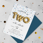 Balloon Type | Second Birthday Party Invitation<br><div class="desc">Adorable party invitation's for your little one's second birthday feature "TWO" spelled out in gold balloons,  on a background of blue confetti. Personalise with your second birthday party details in a combo of whimsical and modern lettering. Invitations reverse to solid marine blue.</div>