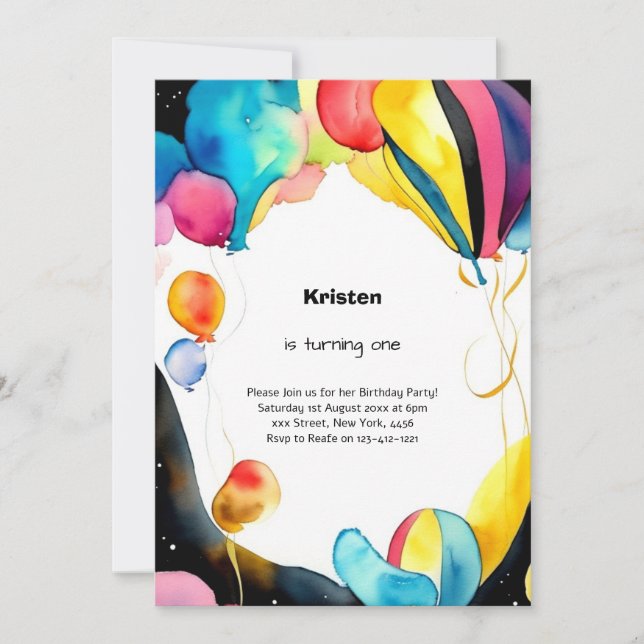 Balloon Watercolor 1st Birthday Invitation (Front)
