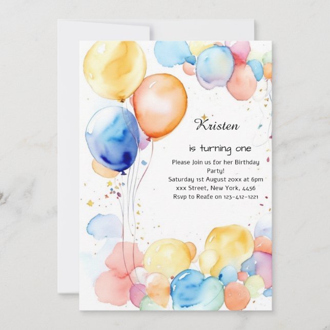 Balloon Watercolor Birthday Invitation (Front)