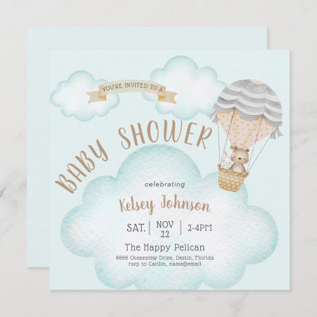 Balloon Woodland Teddy Bear Baby Shower Invitation (Front/Back)