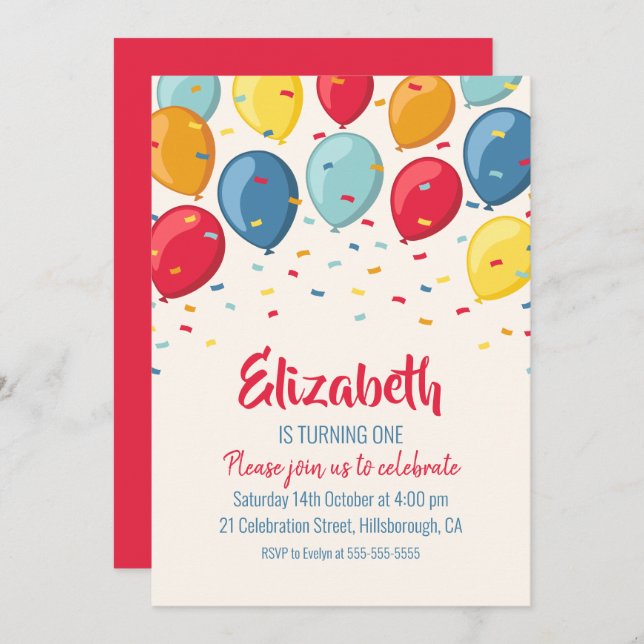 Balloons 1st Birthday Party | Kids First Birthday Invitation (Front/Back)