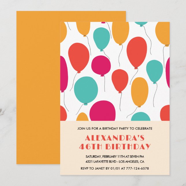 Balloons 46th birthday invitations Colourful (Front/Back)