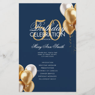 Balloons 50th Birthday Program Gold & Navy Menu