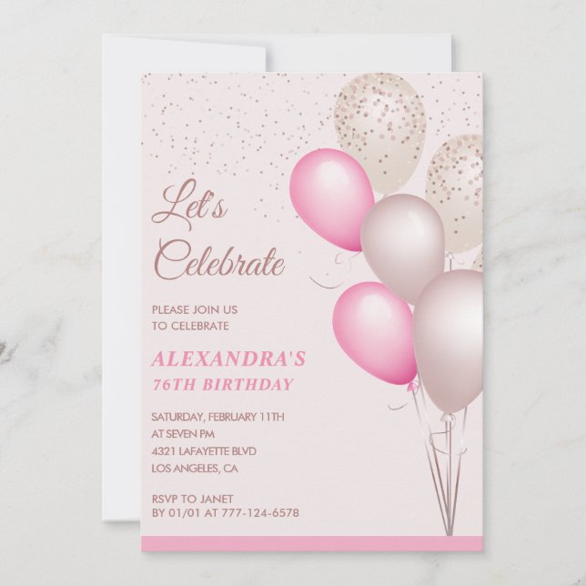 Balloons 76th birthday invitations Pink Confetti (Front)