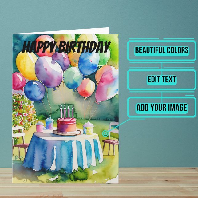 Balloons and Birthday Cake in Backyard Watercolor Card (Wish someone you care about a happy birthday with this colorful design featuring watercolors.)