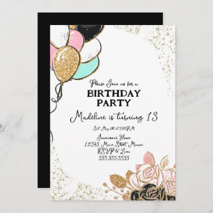 Balloons and Florals Pink Black Birthday Party Invitation