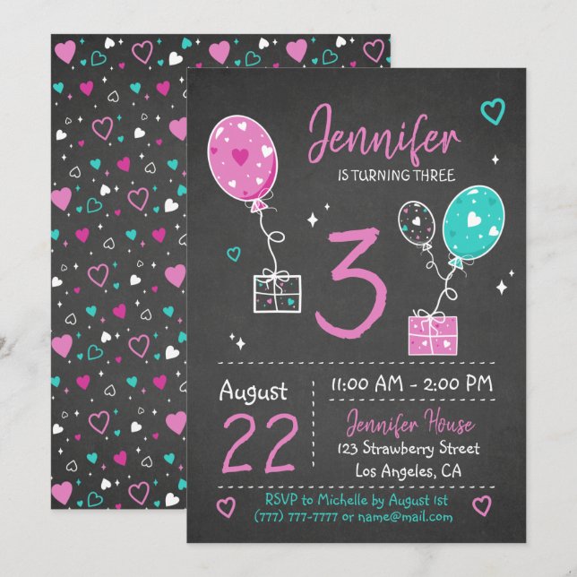 Balloons and Gifts Birthday Chalkboard Invitation (Front/Back)