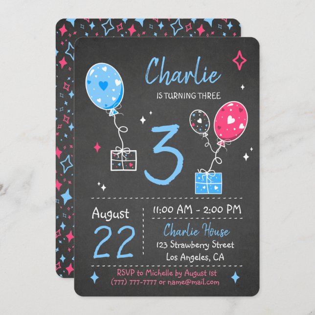 Balloons and Gifts Birthday Chalkboard Invitation (Front/Back)