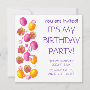 Balloons and gifts. Elegant birthday Invitation