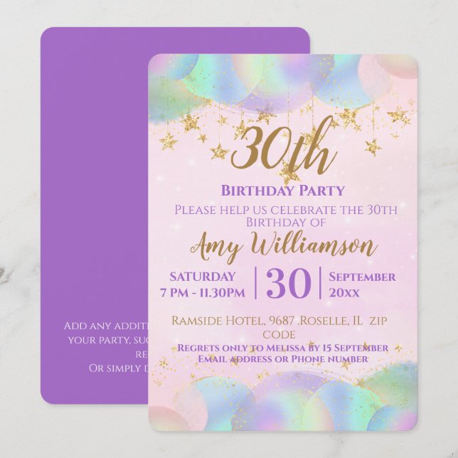 Balloons And Stars Pink 30th Birthday Party  Invitation (Front/Back)