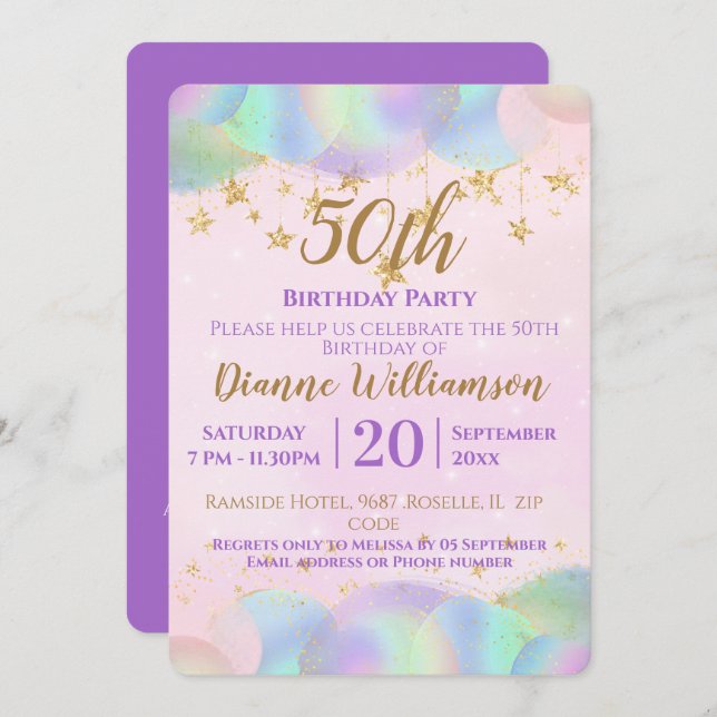 Balloons And Stars Pink 50th Birthday Party  Invitation (Front/Back)